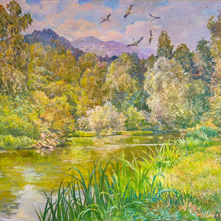 Storks Over the Summer River
