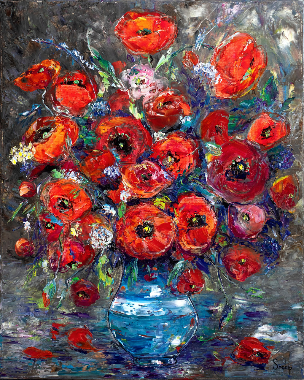 Poppies in a Blue Glass Vase
