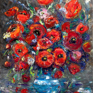 Poppies in a Blue Glass Vase