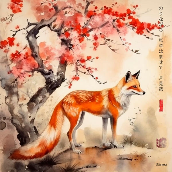 Japanese Fox RJ0057 Autumn Landscape Sunset Watercolour