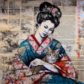 Maiko japonesa con un gato en brazos RJ0042 — Retrato tipográfico de una geiko, geisha