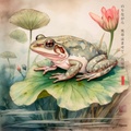 Rana japonesa RJ0062 — Estanque de lotos y paisaje otoñal al atardecer en acuarela