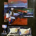 Interior de habitación con cama y arte abstracto