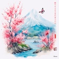 Mariposa japonesa RJ0093 — Paisaje con cerezos en flor, niebla y monte Fuji en acuarela