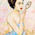 Mujer japonesa que se contempla