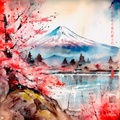 Japanese Mount Fuji RJ0097 Sakura Landscape Bird River Watercolour