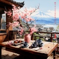 Monte Fuji japonés RJ0096 — Paisaje con cerezos en flor, desayuno y río en acuarela