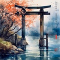 Torii di santuario shintoista giapponese RJ0071 – Paesaggio fluviale sotto la pioggia ad acquerello