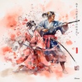Artes marciales japonesas RJ0078 — Paisaje con samurái y geisha en acuarela