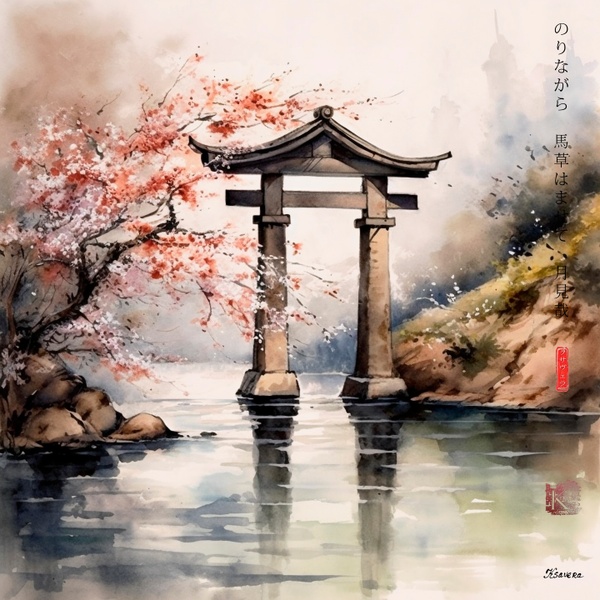 Puerta torii de santuario sintoísta japonés RJ0077 — Paisaje de río bajo la lluvia en acuarela
