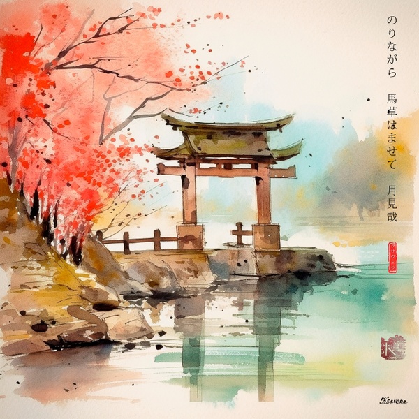 Torii shintoïste japonais RJ0076 — Paysage de rivière sous la pluie, aquarelle