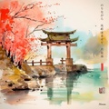 Japanese Shinto Shrine Gate Torii RJ0076 River Landscape Rain Watercolour