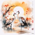 Japanese Cranes RJ0048 Landscape Sunrise Watercolour