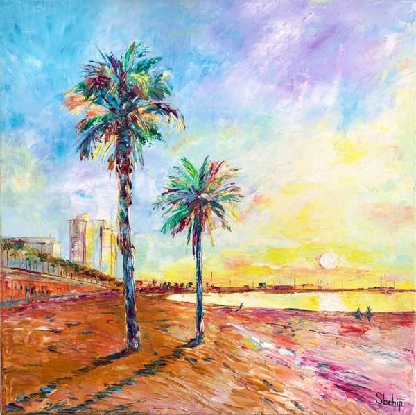 Palmen. Strand von Barceloneta