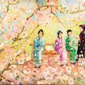 Mujeres japonesas recitan poesía bajo la sakura