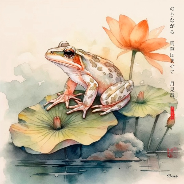 Japanese Frog RJ0059 Lotus Pond Autumn Landscape Sunset Watercolour