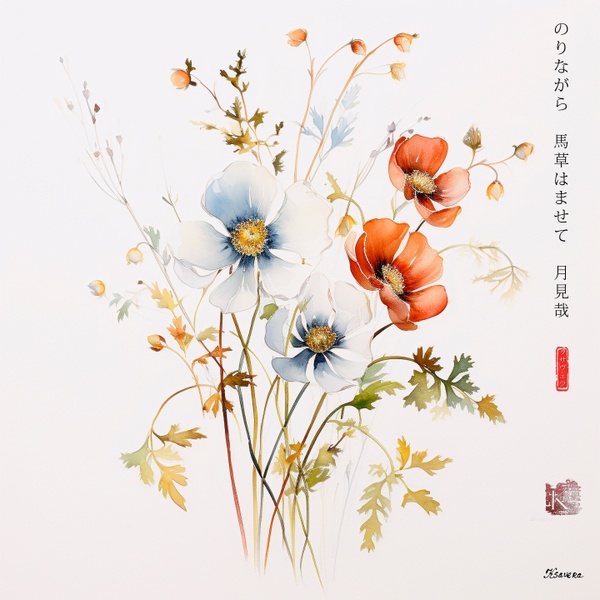 Japanische Blumen RJ0087 – neblige Landschaft in Aquarell