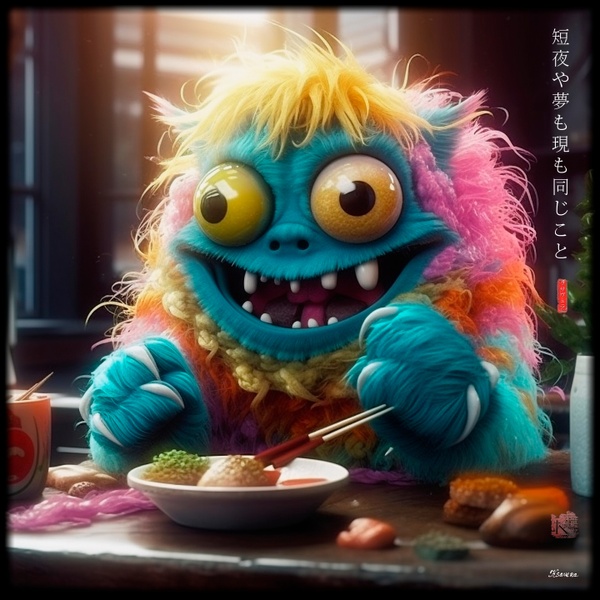 Flauschiges Monster beim Sushiessen RJ0015