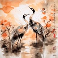 Japanese cranes RJ0050 Landscape Sunrise Watercolour