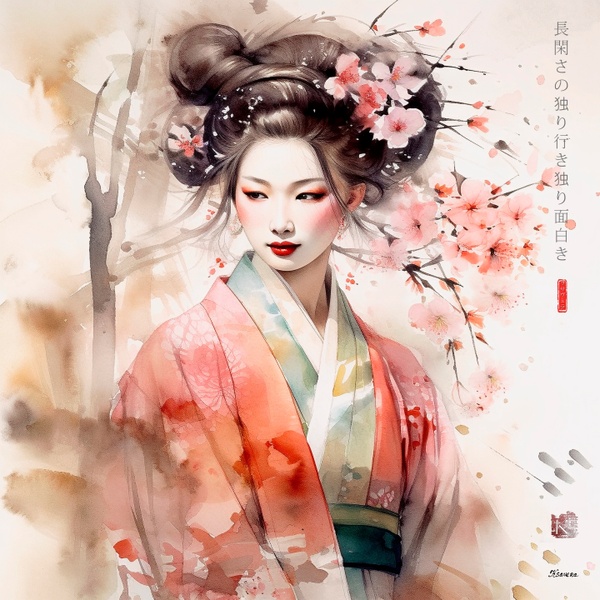 Maiko japonesa RJ0034 — Retrato de una joven geisha en acuarela