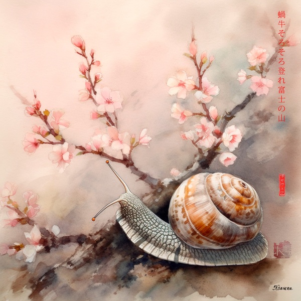 Ιαπωνικό Σαλιγκάρι RJ0082 — Τοπίο Sakura με ομίχλη, Mount Fuji (υδατογραφία)