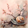 Caracol japonés RJ0082 — Paisaje con cerezos en flor, niebla y monte Fuji en acuarela