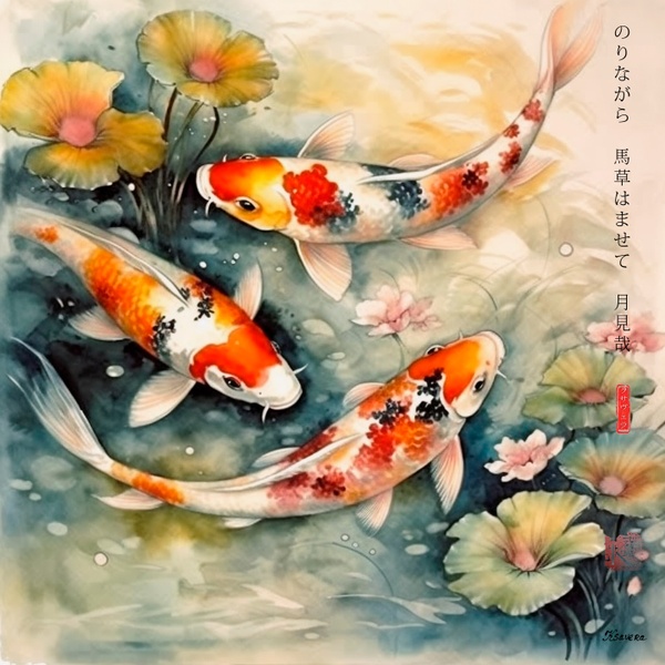 Japanische Koi-Karpfen RJ0065 – Lotusteich, Herbstlandschaft und Sonnenuntergang in Aquarell