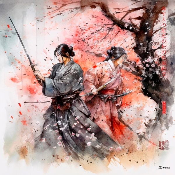 Artes marciales japonesas RJ0081 — Paisaje con samurái y geisha en acuarela