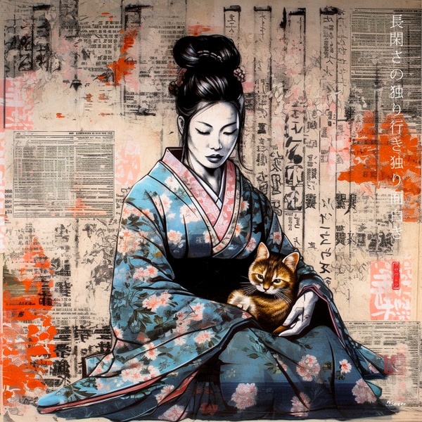 Japanische Maiko mit Katze RJ0045 – Geiko, Geisha: typografisches Porträt