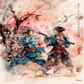 Artes marciales japonesas RJ0080 — Paisaje con samurái y geisha en acuarela