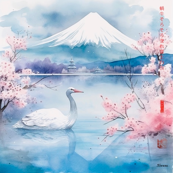 Japanischer Berg Fuji RJ0083 – Kirschblütenlandschaft, Vogel und Fluss in Aquarell