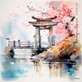 Japanese Shinto Shrine Gate Torii RJ0074 River Landscape Spring Rain Watercolour