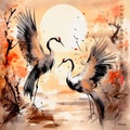 Japanese cranes RJ0048 Landscape Sunrise Watercolour