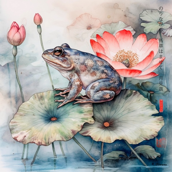 Japanese Frog RJ0061 Lotus Pond Autumn Landscape Sunset Watercolour