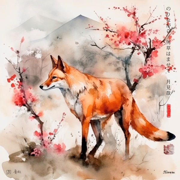 Japanese Fox RJ0055 Autumn Landscape Sunset Watercolour
