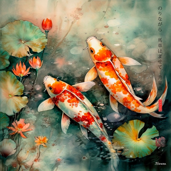 Japanese Koi Fishes RJ0066 Lotus Pond Autumn Landscape Sunset Watercolour